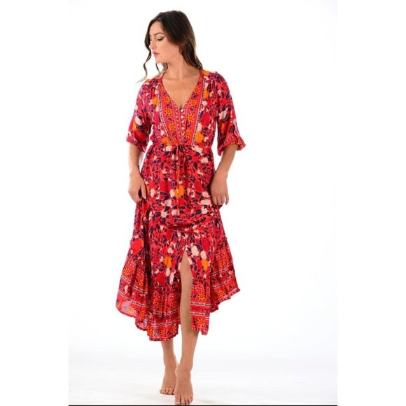 Walker & Wade Carrie Midi Dress Drawstring Waist Cherry Floral Pink Orange Med - Picture 2 of 13